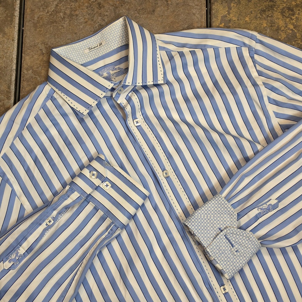 Bugatchi Uomo Mens XL Blue White Striped Shaped Fit Cotton Button Down Shirt